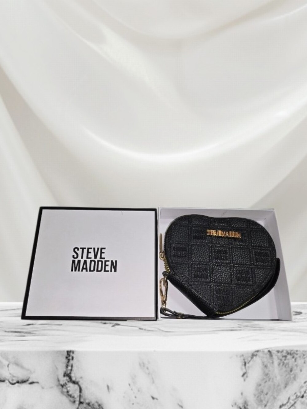 Steve Madden Black Quilted Heart Coin Pouch with Gold Accent